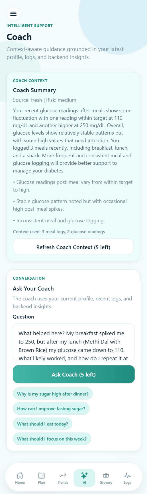 My Sugar Coach AI coach screen