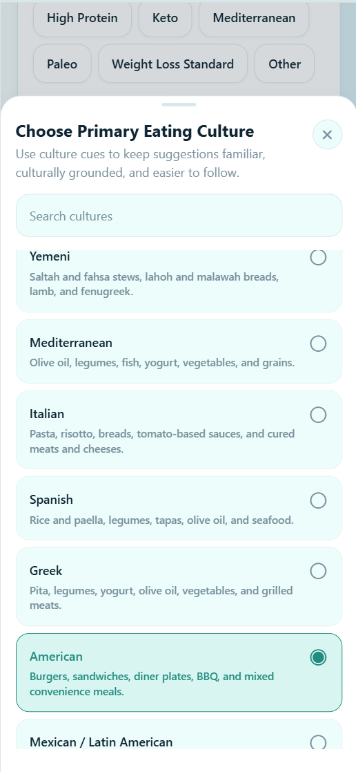 My Sugar Coach eating culture selection screen