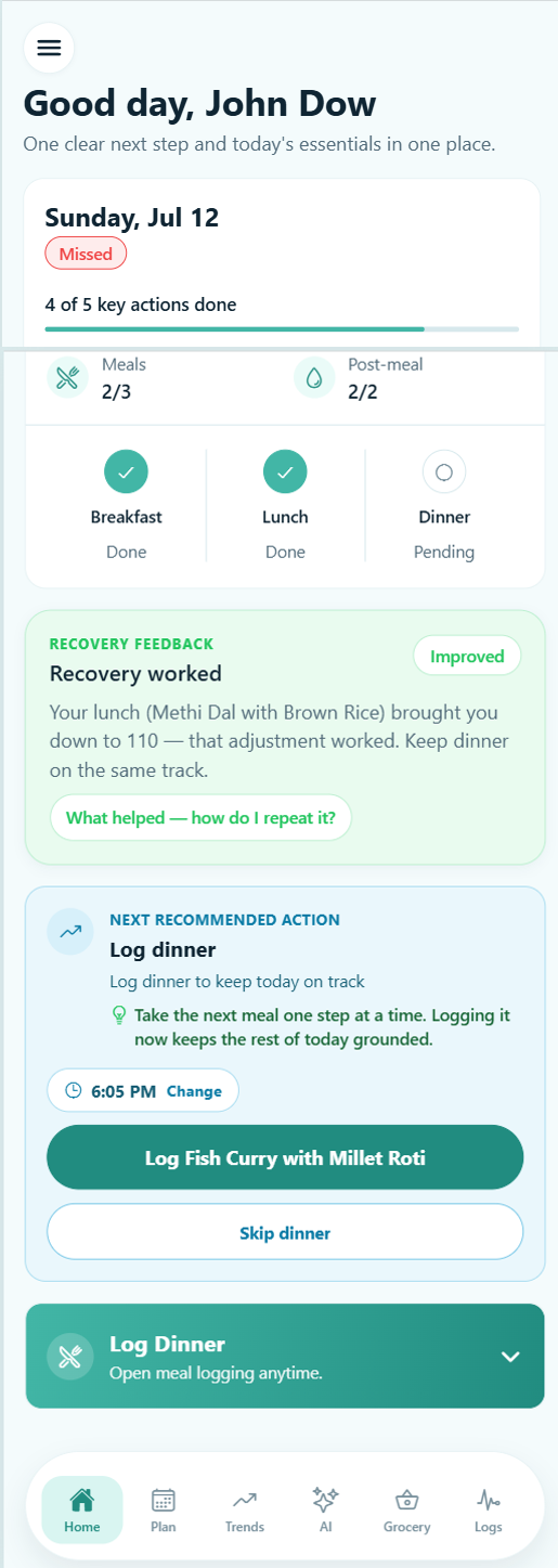 My Sugar Coach daily command center home screen